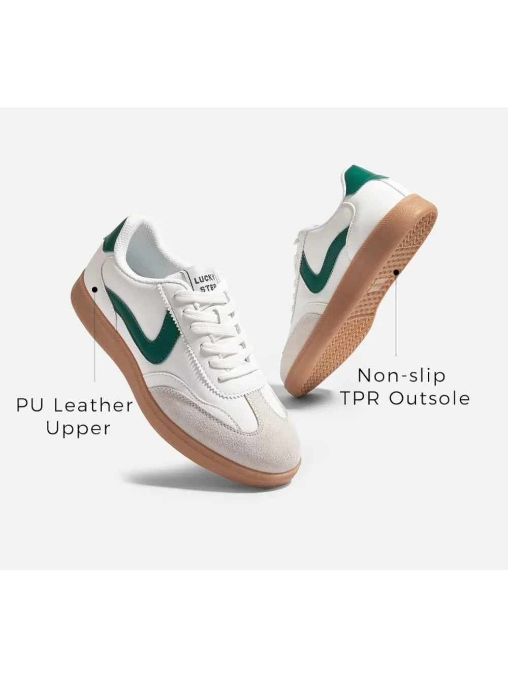 Women's White/Green Classic Fashion Skate No Slip Lace Up Walking Sneaker Shoes